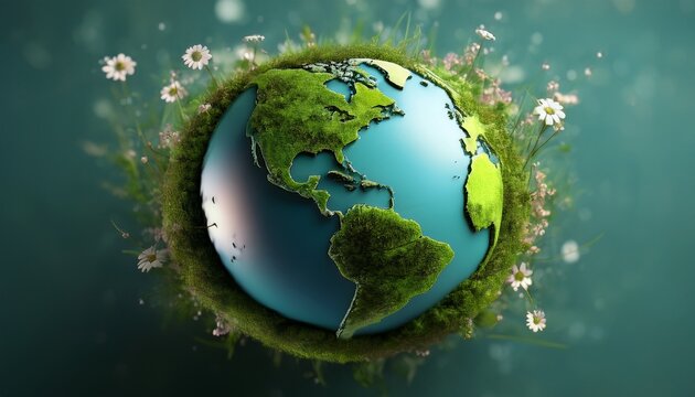 3d render of earth globe surrounded with moss and little flowers represent eco friendly conception