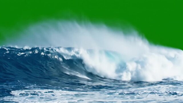 Powerful ocean wave breaking with white foam and spray, isolated on green screen for chroma key compositing and visual effects