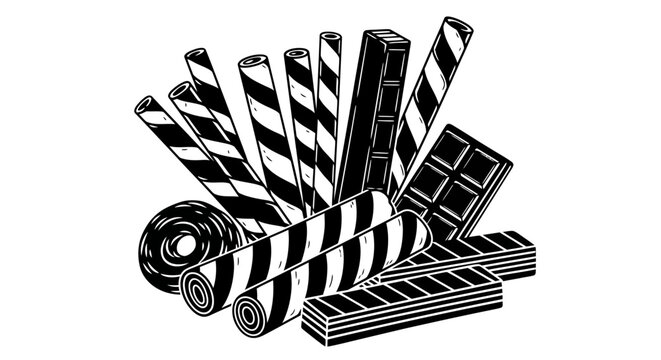 A collection of striped and plain black and white caution tape rolls.