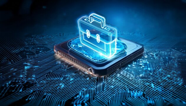 the digital toolbox hologram floating above a microchip representing cyber repair and maintenance