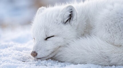 Naklejka premium A pristine white Arctic fox rests with closed eyes, curled atop icy snow. Its thick fur radiates a feeling of tranquil winter sleep, peaceful resilience, and soft camouflage.