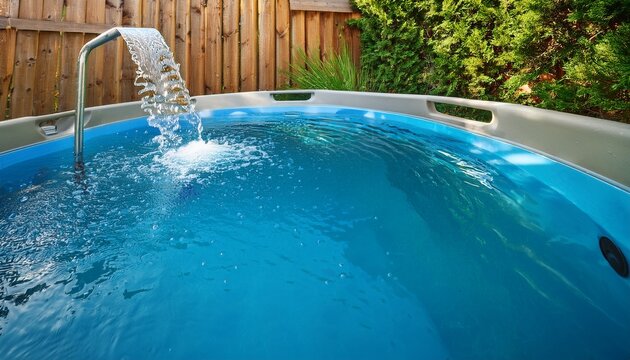 pool jet shoots bubbles underwater clean blue water fills pool green plants and wooden fence surround it in backyard