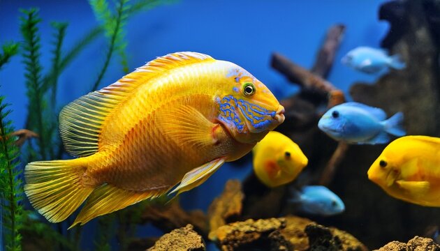yellow and blue cichlid fish swim in a lively freshwater aquarium