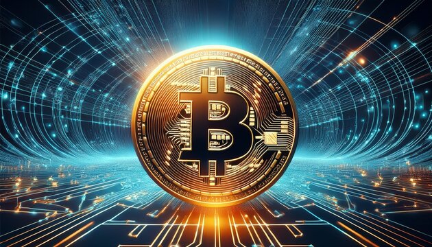a bitcoin coin superimposed over flowing digital network lines symbolizing cryptocurrency and blockchain technology