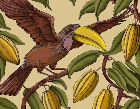 birds with big beaks fly on cocoa trees this drawing is a repeating design for cloth and wallpaper