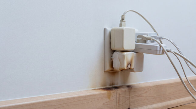 Burnt electrical socket with overloaded power adapter. Damaged wall outlet due to short circuit and electrical failure. Fire hazard concept showing risk of overheating home electronics.