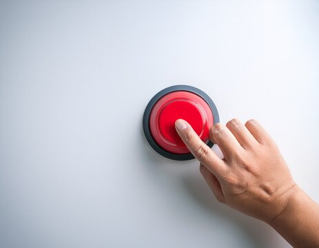 hand about to press red panic button on white surface n decision risk emergency concept background with copy space