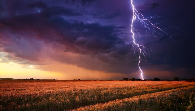 dramatic lightning strike over open field during stormy twilight sky