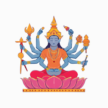 Illustration of a multi-armed blue deity meditating on a lotus flower