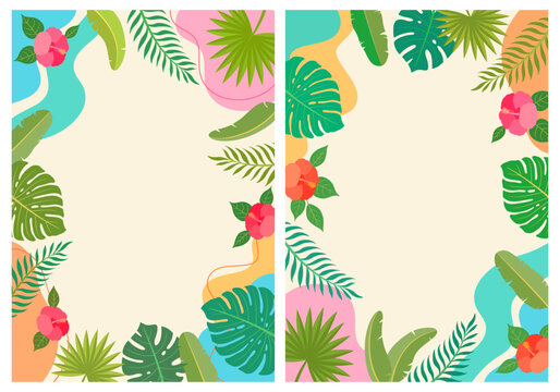 Blank summer flyer templates with tropical leaves and hibiscus flowers, vertical organic frame design.
