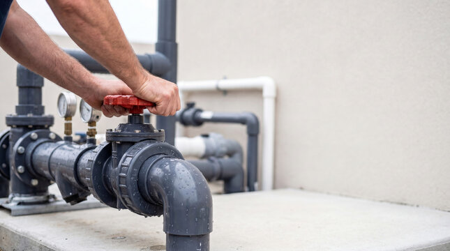 Man plumber turning red valve on swimming pool filtration system. Worker adjusting water flow in pump station for pool maintenance service. Professional technical equipment repair and care.