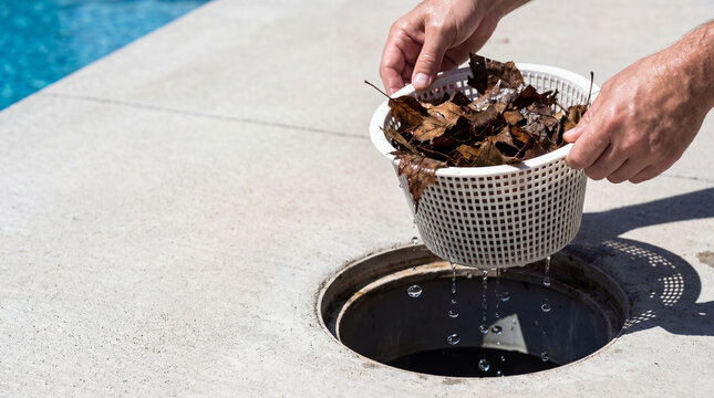 Man cleaning swimming pool skimmer basket full of dead autumn leaves. Maintenance worker performing seasonal pool care. Essential backyard water filtration system hygiene and service.