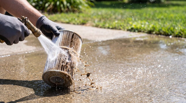 Man cleaning dirty pool filter cartridge with water hose. Service worker maintaining swimming pool system equipment outside. Professional maintenance concept for backyard pool hygiene.