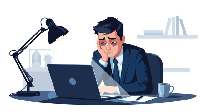 Businessman sitting at desk feeling stressed or bored with laptop computer and office supplies