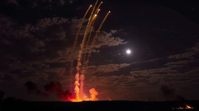 Night rocket launch with glowing flare and smoky trails arcing across moonlit night sky