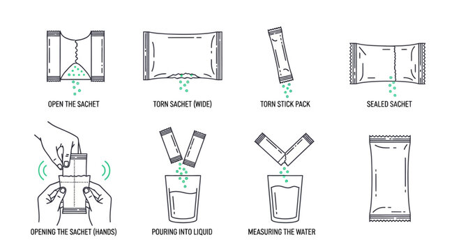 Coffee, tea, or instant drink packaging instructions, infographic steps, vector illustrations, packaging design elements