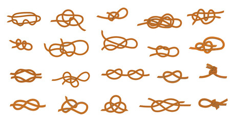 Knot icons, rope knots, nautical symbols, vector set, brown twine © Seth