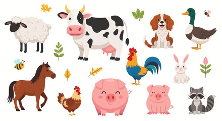Fototapeta premium Farm Animals Vector Icons, Colorful Cute Farmyard Pets, 13 Flat Style Illustrations