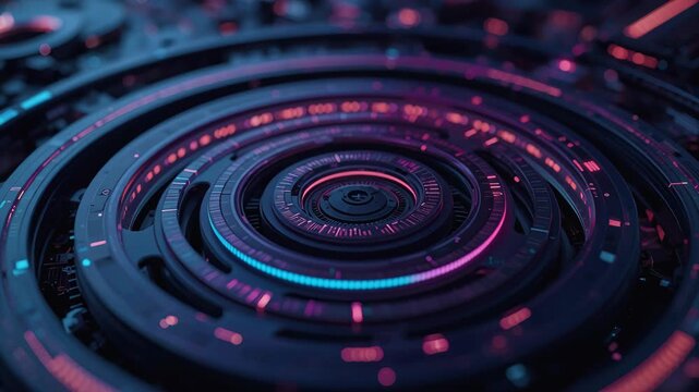 Futuristic circular interface glowing neon pink cyan rings with concentric mechanical circuit hub