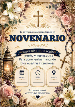 Invitacion novenario decorada flores.