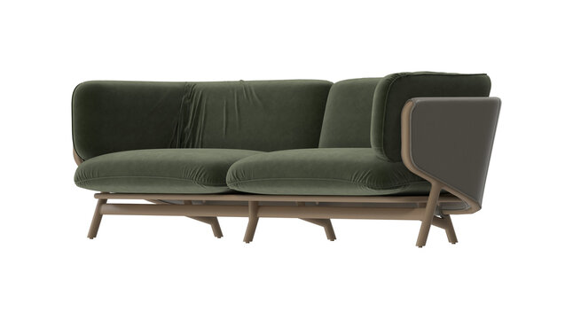 Modern Scandinavian Three-Seater Sofa with Green Velvet Cushions Leather Shell and Wooden Frame Three Quarter View on White Background