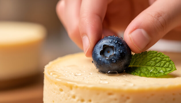 Extreme macro close up of careful human fingers placing a fresh wet raw blueberry onto a delicious creamy mini cheesecake dessert with a green mint leaf