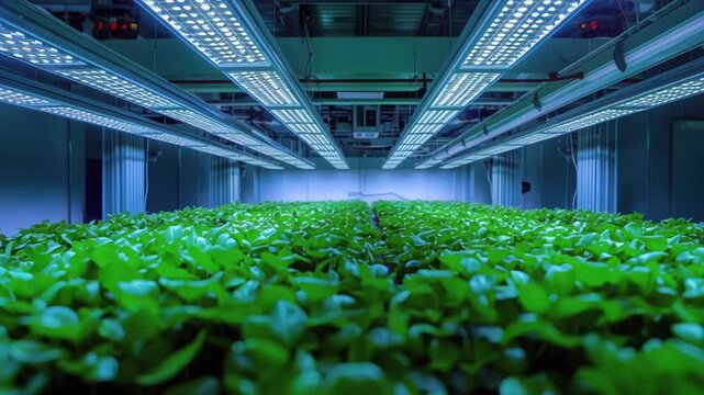 Indoor vertical hydroponic farm rows of green seedlings led grow lights modern controlled