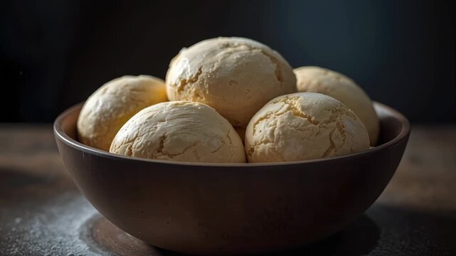 Rustic p&atilde;o de queijo bread roll bowl with warm lighting cozy Brazilian cheese rolls