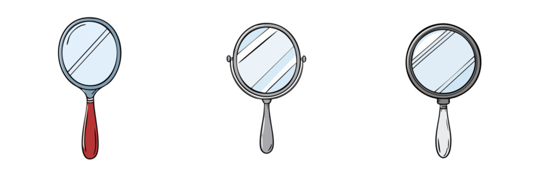 Set of three handheld vanity mirrors with reflections in the glass surfaces