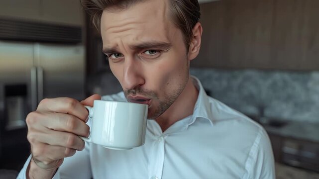 Young man white shirt tasting hot cup of coffee with uncertain, thoughtful concerned expression
