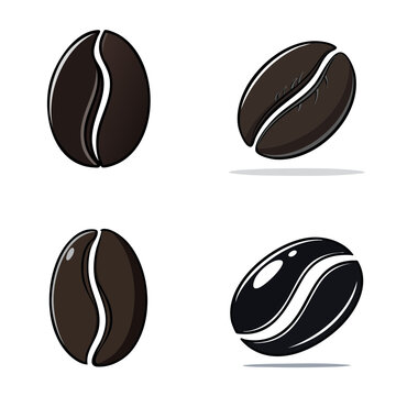Set of stylized coffee beans in various perspectives and shading for beverage advertising and design