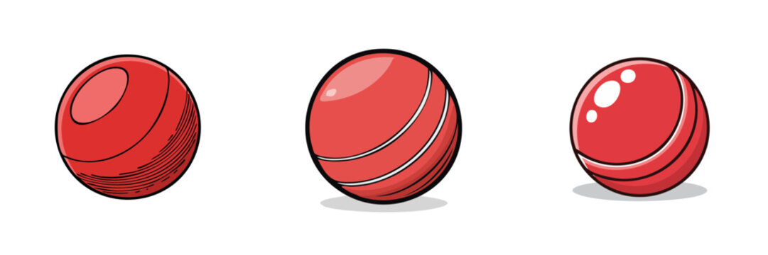 Set of three red spherical objects with varying line details and shading