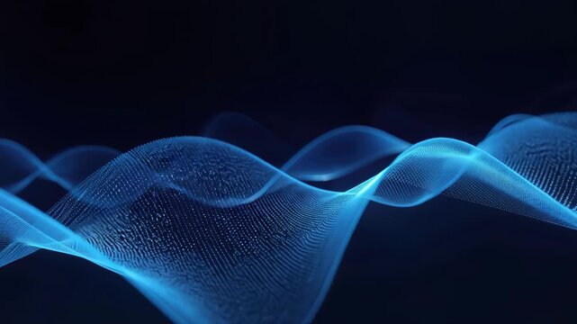 Flowing blue wave of digital particles forming abstract motion and energy with glowing mesh ribbon