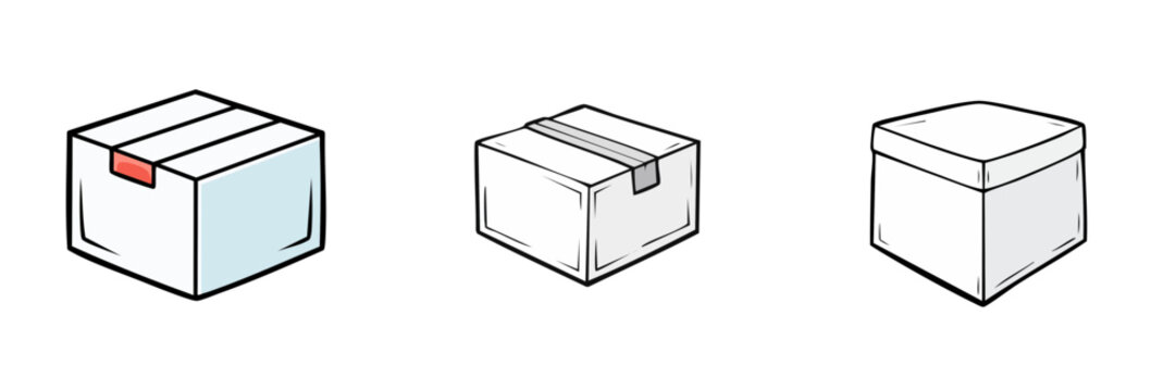 Set of stylized shipping boxes with tape and labels in isometric view