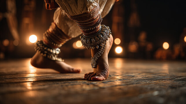 Closeup of a kathak dancers feet adorned with traditional ghungroo bells on a wooden stage