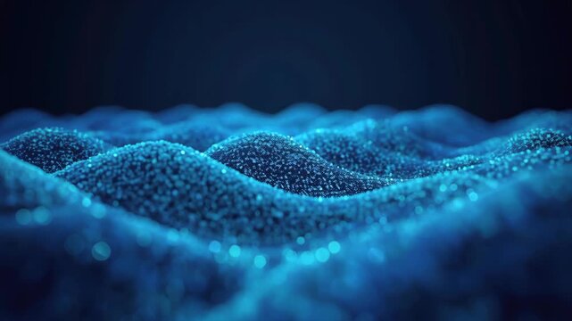 Glowing blue particle wave abstract landscape with soft bokeh depth and serene futuristic mood