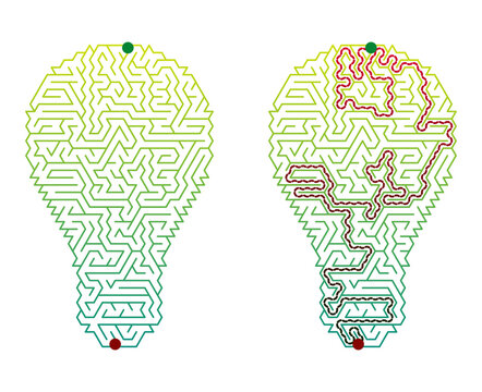 Labyrinth shaped like a lightbulb with colored pathways and patterns  