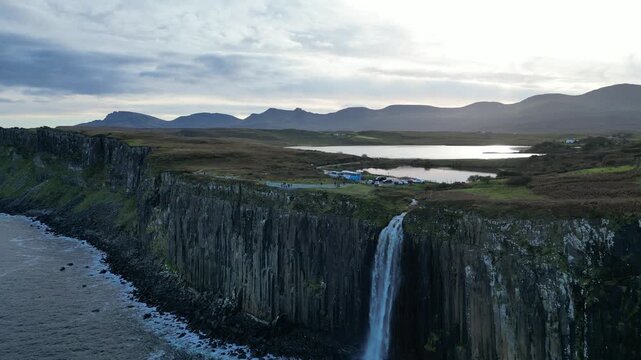 4K Video Aerial Drone  at Kilt Rock Waterfall &ndash; Creag An Fh&egrave;ilidh, Isle of Skye, Scotland