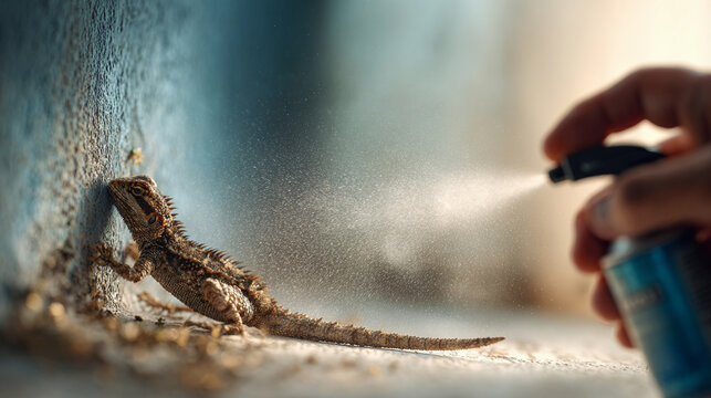 A person spraying water from a spray bottle onto a bearded dragon lizard resting against a textured wall