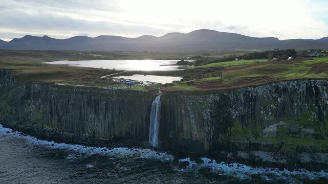 4K Video Aerial Drone  at Kilt Rock Waterfall &ndash; Creag An Fh&egrave;ilidh, Isle of Skye, Scotland
