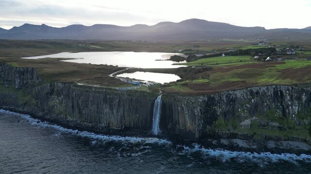 4K Cinematic Video Aerial Drone Shot Flying Toward Kilt Rock Waterfall &ndash; Creag An Fh&egrave;ilidh, Isle of Skye, Scotland