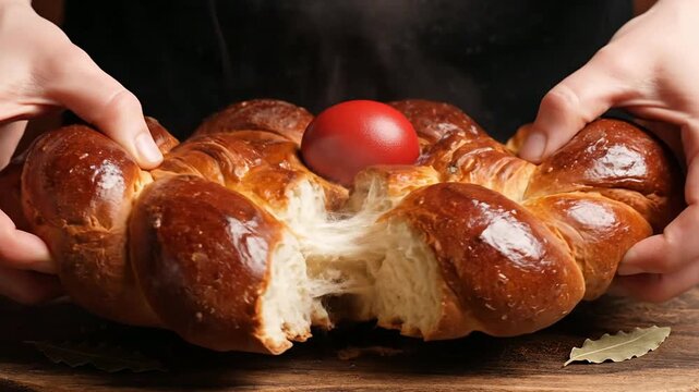 Beautifully Crafted Traditional Easter Bread With A Red Egg Held By Hands, Showcasing Warmth And Delicious Pull-Apart Texture