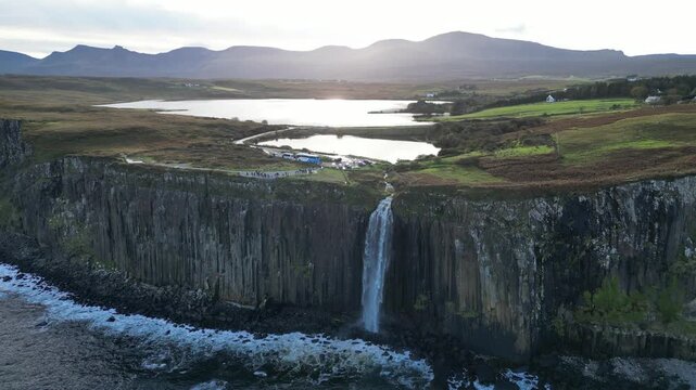 4K Video Aerial Drone Shot Flying Away from Kilt Rock Waterfall &ndash; Creag An Fh&egrave;ilidh, Isle of Skye, Scotland