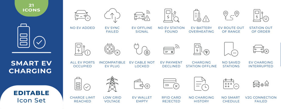 Smart EV Charging App Error and Empty State Icon Set. Electric Vehicle UI Station, Battery, and V2G Outline Vectors.