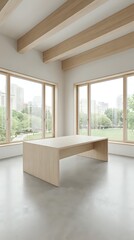 Fototapeta premium Minimalist light wood table in a bright modern room with concrete floor, exposed beams, and large windows overlooking a green park.