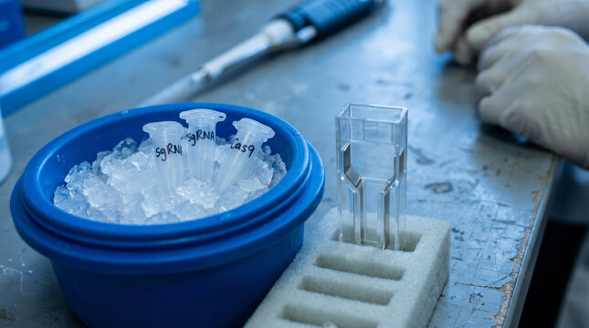 CRISPR Cas9 and sgRNA Tubes on Ice Bath