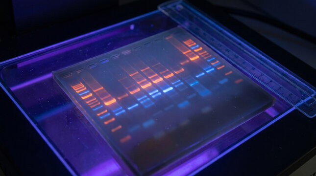 DNA Bands Glowing on Agarose Gel Electrophoresis Transilluminator