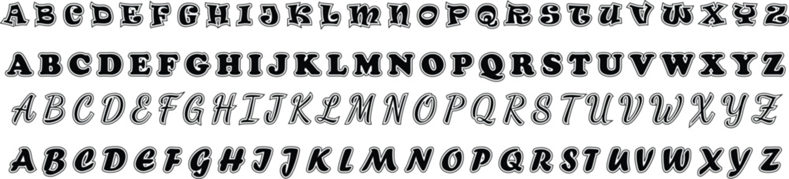 Vintage serif alphabet sampler in black ink. Uppercase typography reference sheet with distressed letters. Classic retro font display artwork design.