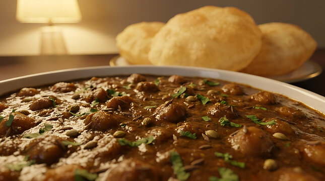 Authentic chole masala curry served with deep fried puffy puri bread in a warm cozy dining setting with soft ambient lighting for a delicious traditional indian restaurant experience