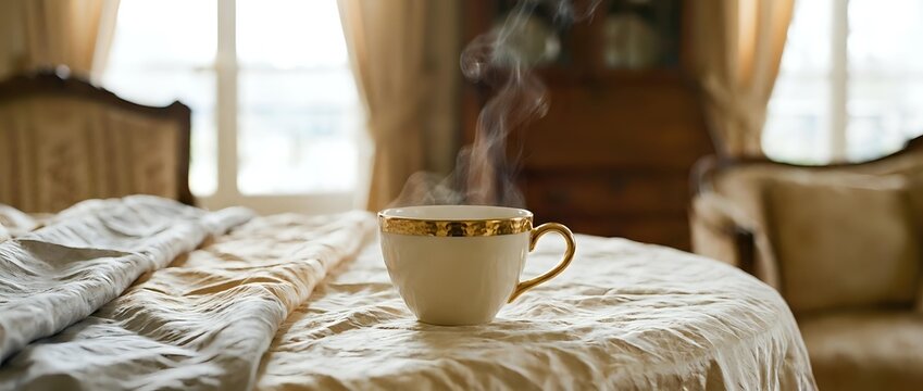 Steaming cup of tea with gold trim on a rumpled bed in a warm, vintage-style bedroom with soft morning light filtering through curtains.